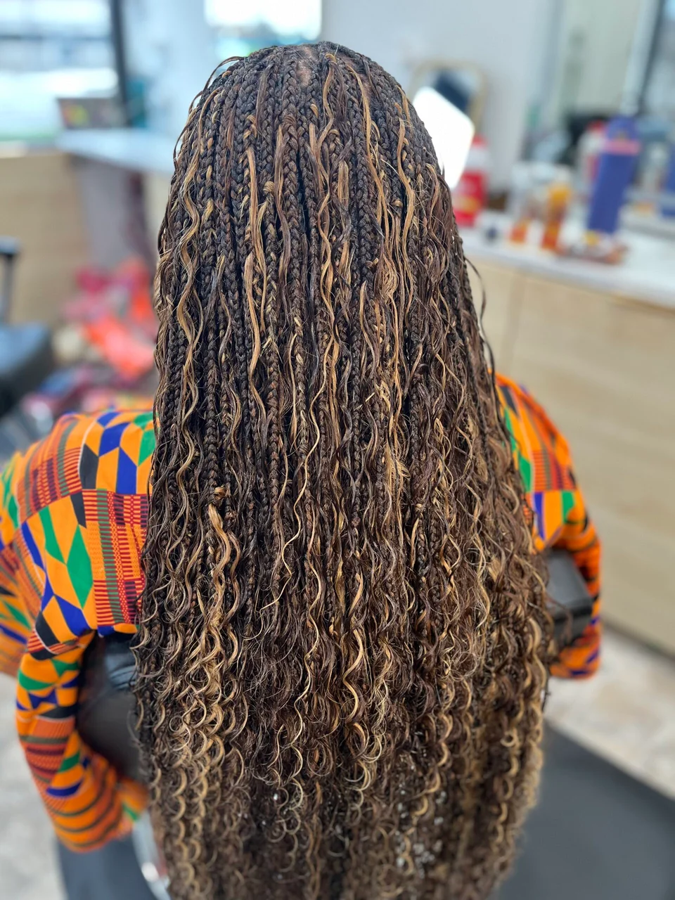 Long textured braids photographed from the back